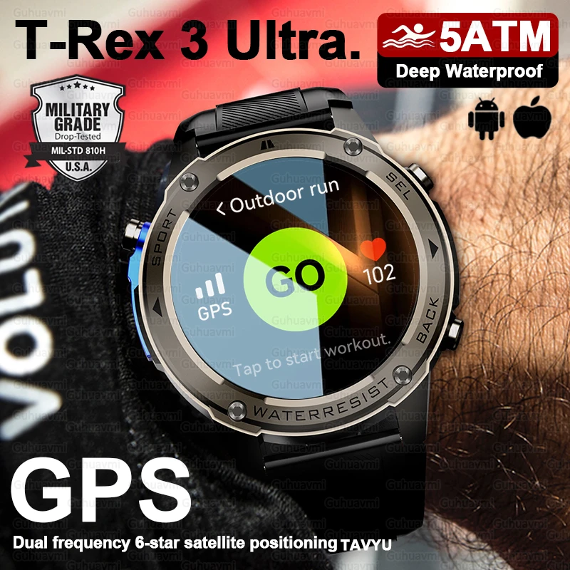 Jam Tangan Pintar Taktis T-Rex 3 Baru 2026 dengan GPS, Kompas, Altimeter, Tahan Air 5ATM IP69K untuk Berenang, Gelang Pintar Militer Pria