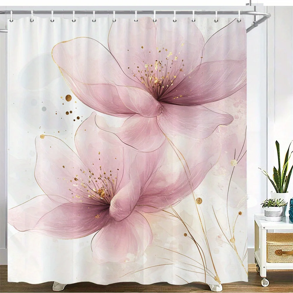 Pink Floral Shower Curtain – Watercolor Blooms with Gold Stamen, 12 Hooks, 70.8×70.8 in, Polyester, Machine Washable