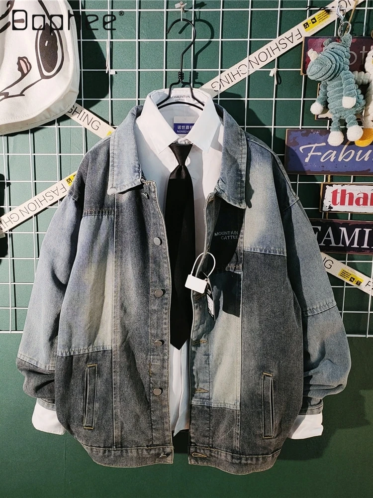 

2025 весенне-осенняя мужская синяя джинсовая куртка в американском стиле ретро, рабочая одежда с цветными блоками, белая рубашка, комплект с черным галстуком