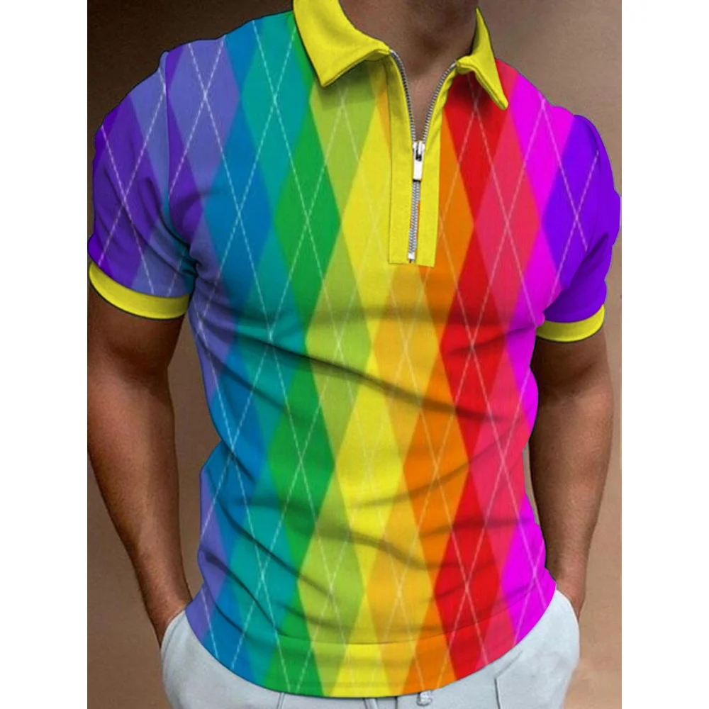 

Men's Polo Summer Causal Men Short Sleeved Zipper Polo Shirt Fashion Colorful Grid 3d Print T-Shirt Men's Clothing Top