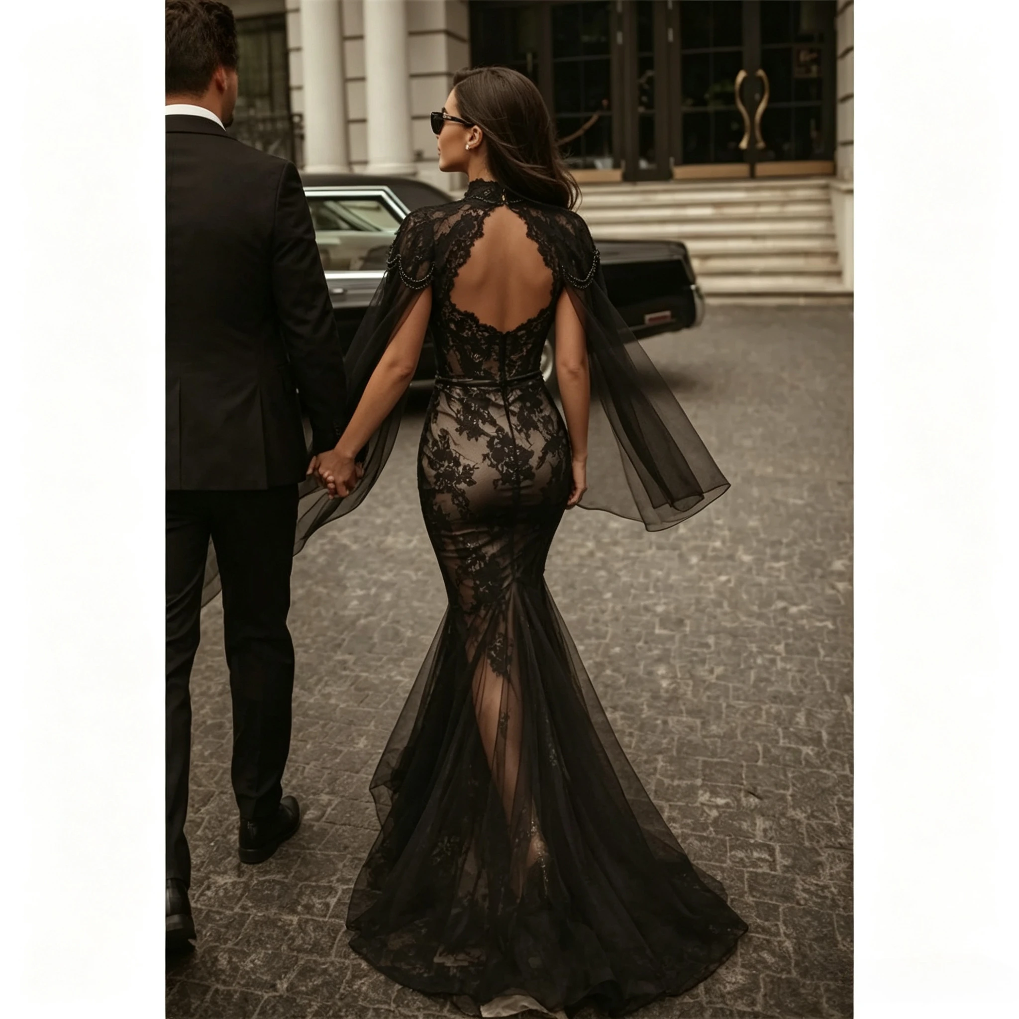 Customized Fashion Strapless Sweetheart Neck Detachable Sleeves Mermaid Floor Length Wedding Dresses Black Full Lace Bride Gowns