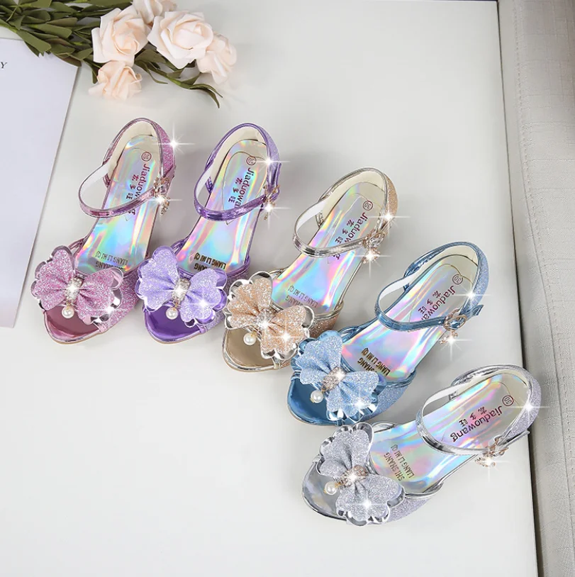 5 Colors Children Princess Sandals Kids Girls Wedding Shoes High Heels Dress Shoes Bowtie Gold Pink Blue Silver Shoes For Girls