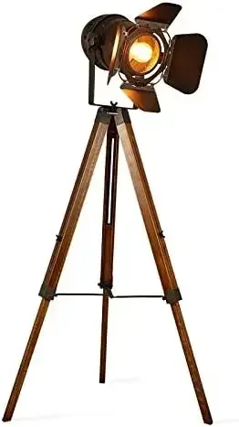 Vintage Tripod Floor Lamp, Height Adjustable Wooden Camera Tripod Rotatable Spotlight Tall Standing Light, Nostalg