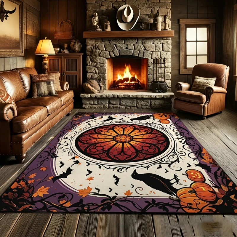 Vintage Halloween Raven Pumpkin Printed Area Rug, Spooky Autumn Floor Carpet, Indoor Home Decor Rug for Living Room