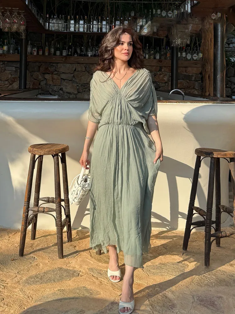 HH-vestido medio de manga corta con decoración plisada y cuello en V para mujer, vestido largo Sexy liso con espalda descubierta informal para mujer