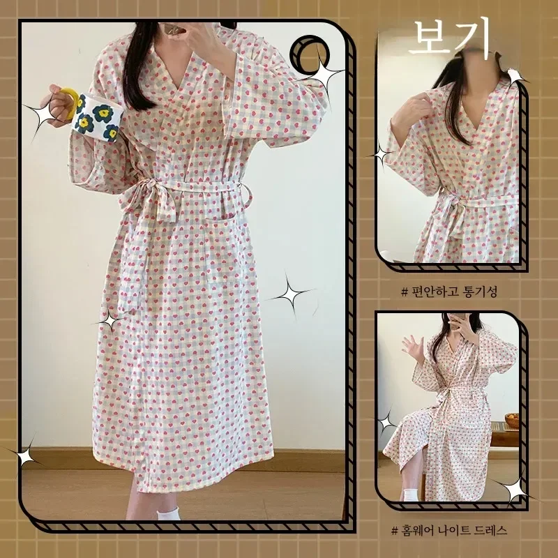 Long sleeve Nightgown Women Japanese Spring and Autumn Kimono Bathrobe Mid-Length Sweet and Cute Plaid Little Love Homewear N...