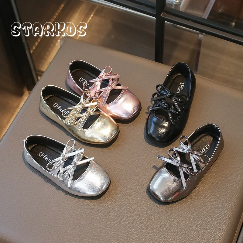 

Балетки из розового золота с бантом для маленьких девочек, балетки с квадратным носком, мягкая подошва и эластичной лентой, детские блестящие розовые танцевальные туфли для выступлений