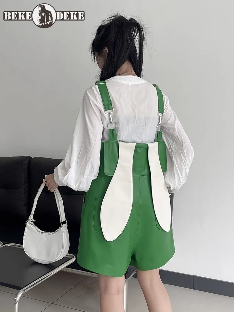 Kawaii Rabbit Ears Overalls Women Sweet Loose Fit Suspenders Shorts Casual Streetwear Pocket Sheepskin Genuine Leather Shorts