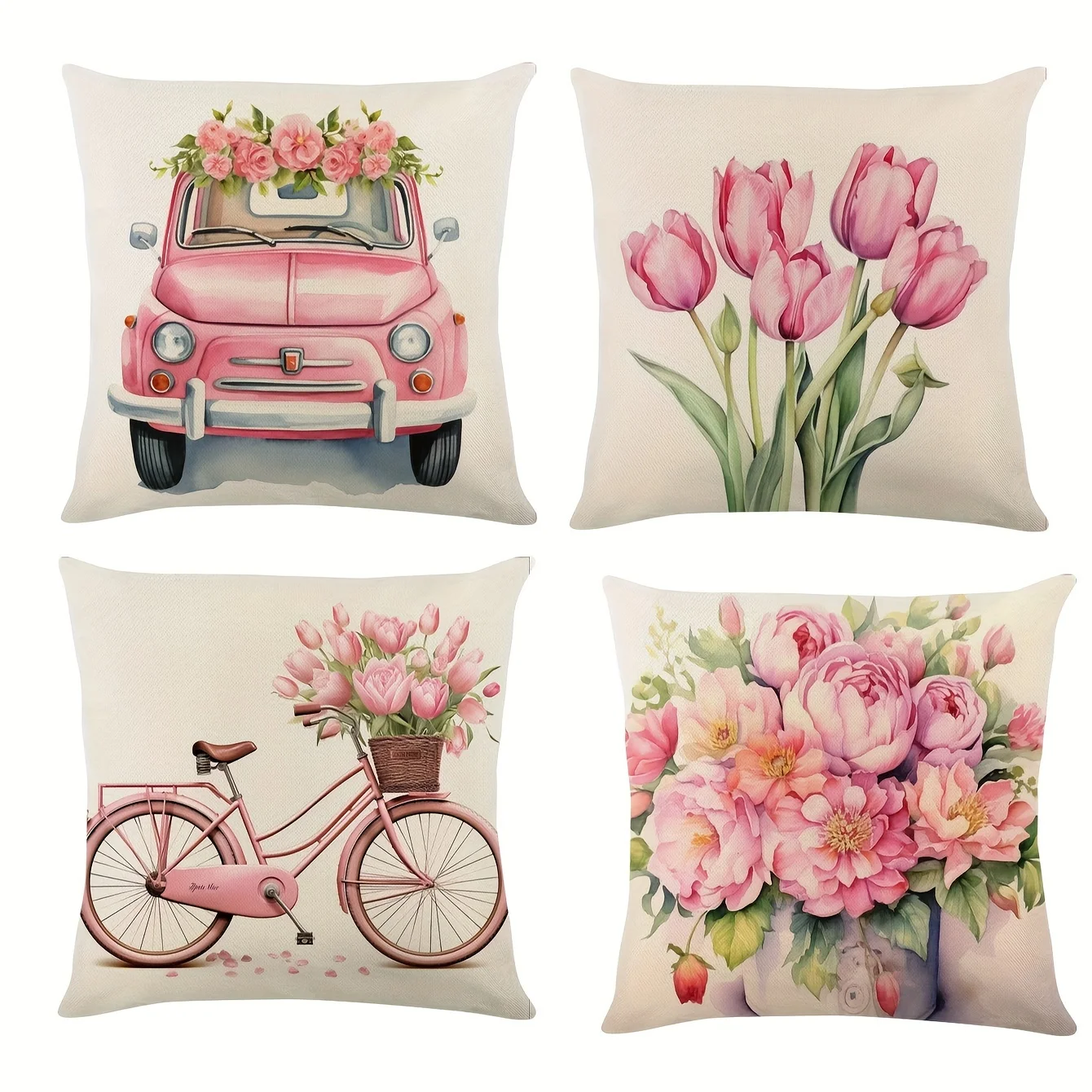 Pink Car Tulip Bicycle Vase Patterned Pillowcase, Modern Minimalist Style, Home Decoration