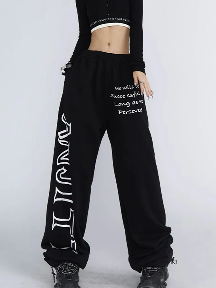 

Jmprs Hip Hop Letter Sweatpants Women High Street Vintage American Loose Straight Pants Autumn Drawstring Bf Black Trousers New