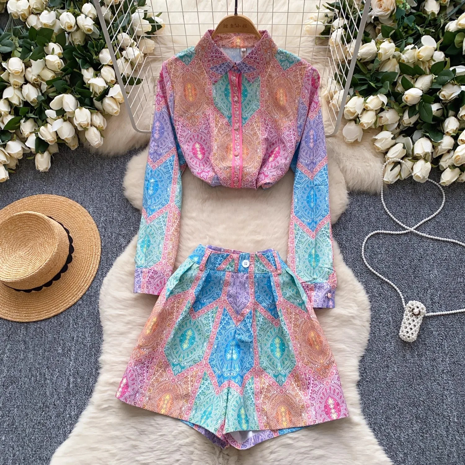 

Summer Holidays Vintage Paisley Shorts Suit Women's Outfits Long Lantern Sleeve Shirt Blouse Top + Belt Shorts Two Piece Sets