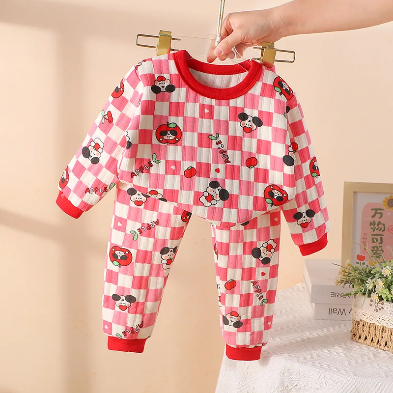 New Autumn and Winter Children\'s Cotton Warm Suit Three-layer Thick Cartoon Design Long-sleeved Top + Trousers 2-piece Set