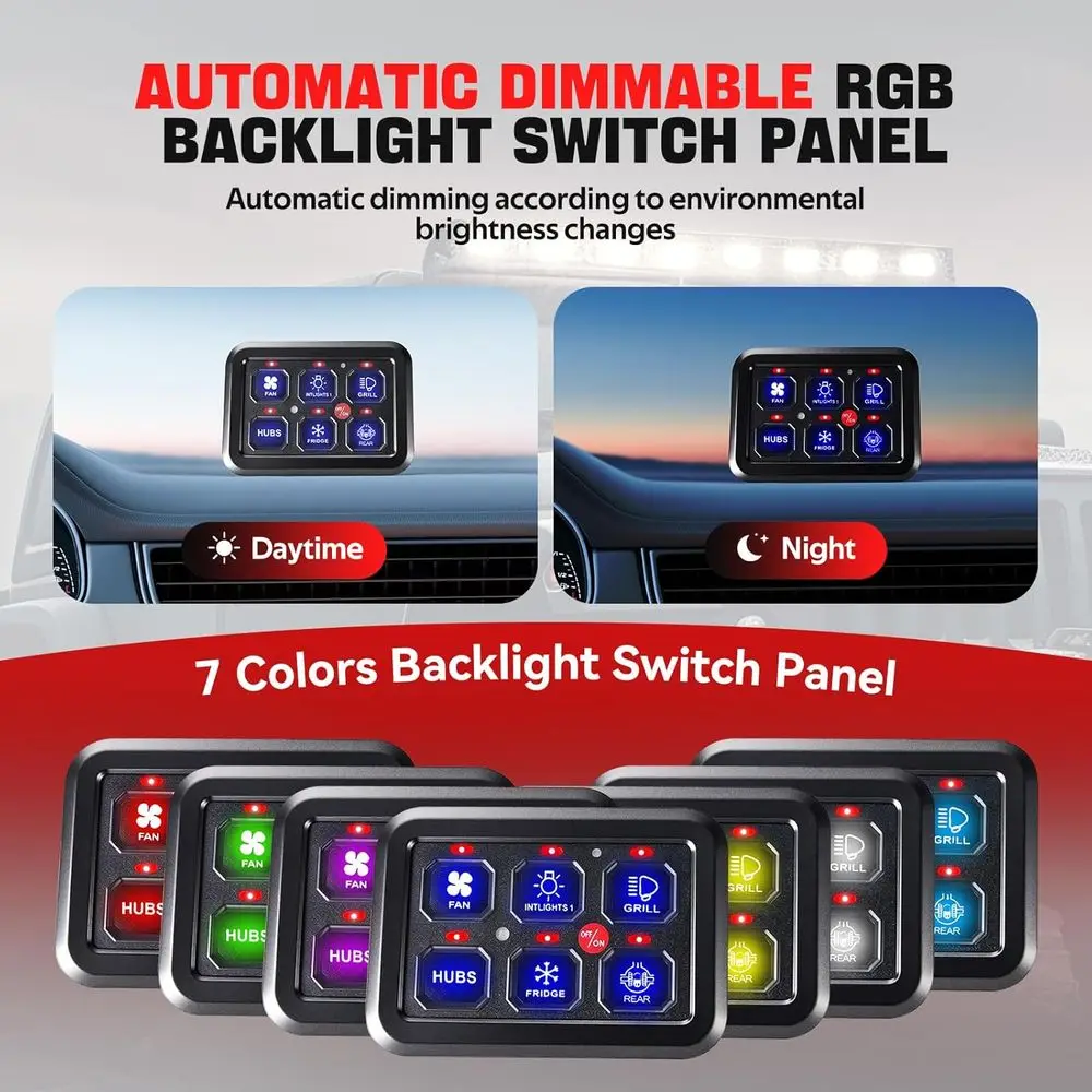 6 Gang Switch Panel with Automatic Dimmable On-Off LED Switch Pod Universal Circuit Control Relay System with Fuse Wiring Harnes view 3