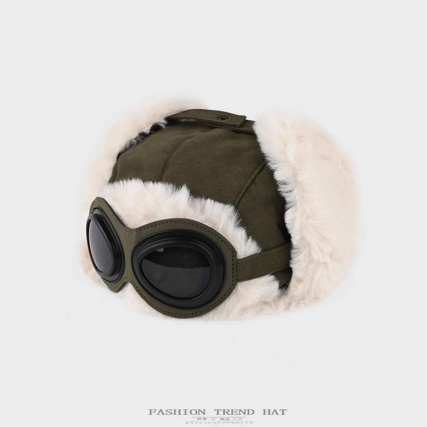 Winter Pilot Trapper Hat for Men Removable Goggles Plush Furry Lining Warm Ear Protection Hat for Skiing Motorcycle Cycling