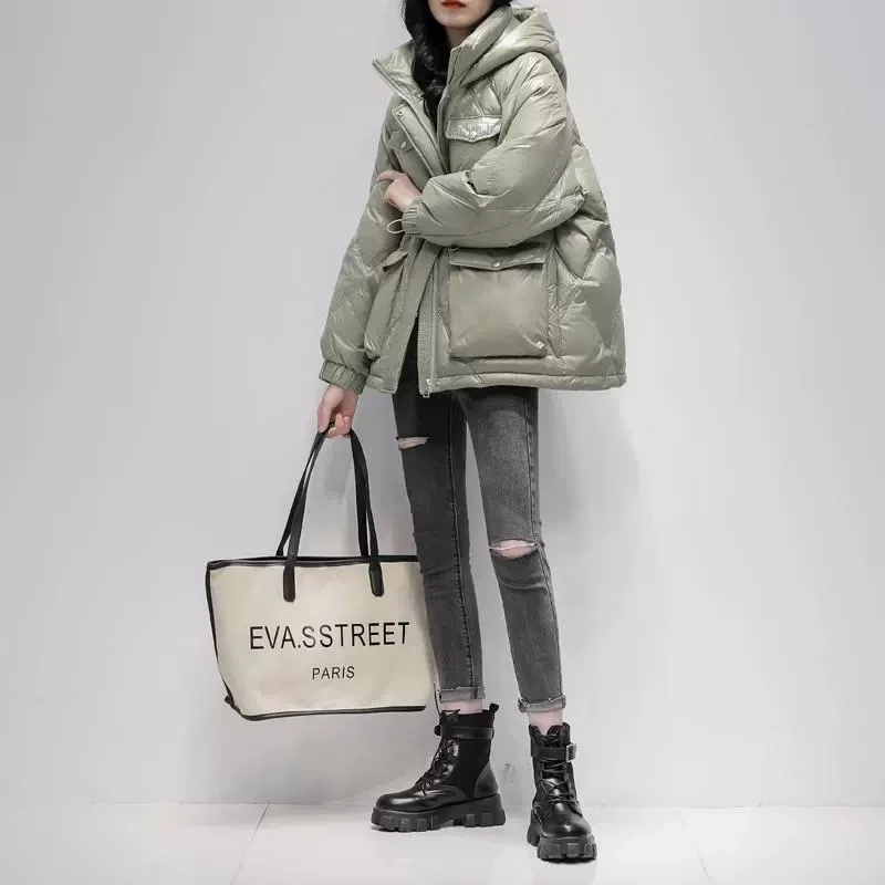 

Hooded Loose Down Coat Women's Short 2025 Winter New 90 White duck down Diamond grid cocoon Jacket Lady Solid Warm Parka Outwear
