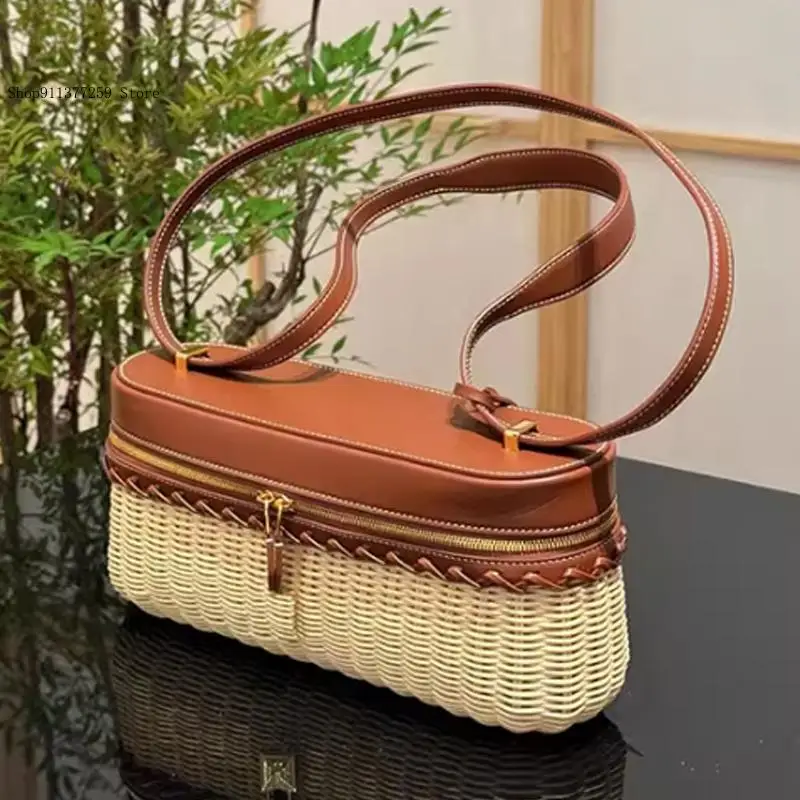 Causal Versatile Handbag Travel Casual Straw Box Bag Large Capacity Pu Leather Trendy Crossbody Bag