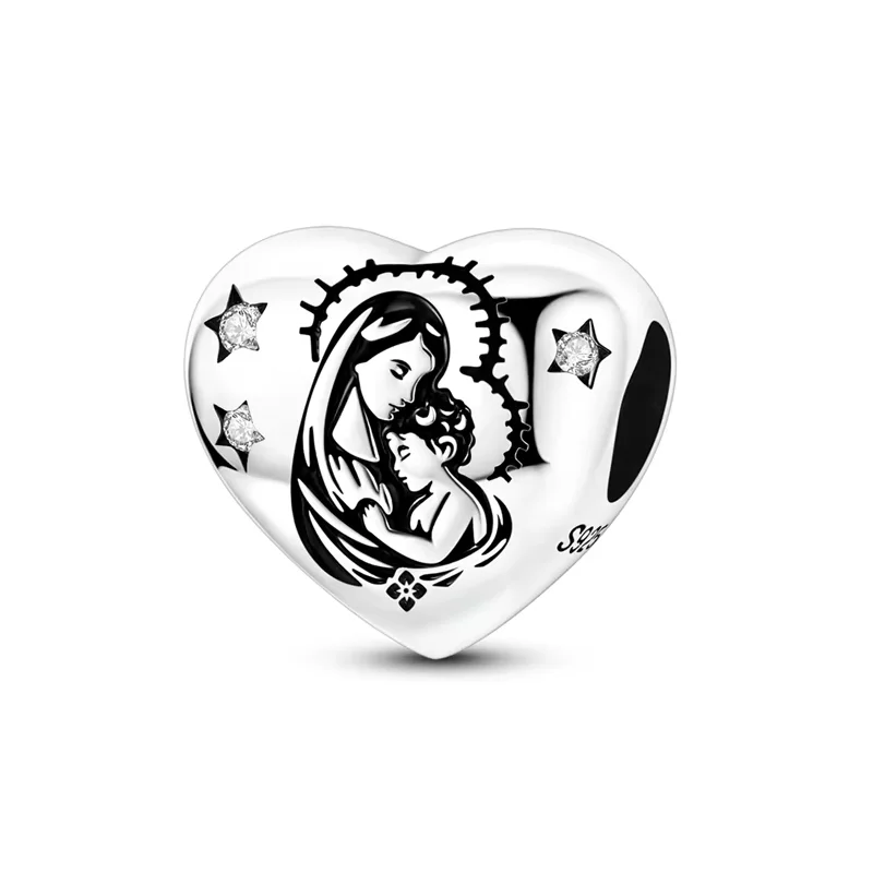 Abalorios Originales de Plata de Ley 925, Corazón de la Virgen María, Compatibles con Pulseras Originales para Mujer, Regalo de Joyería DIY