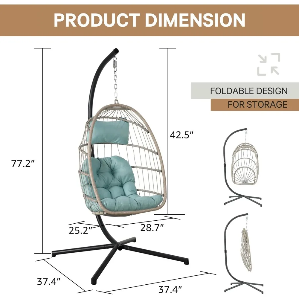 Hanging Egg Swing Chair with Stand, Cushion and Weather Cover, Foldable for Indoor Outdoor, for Bedroom, Patio, Porch. Egg Chair