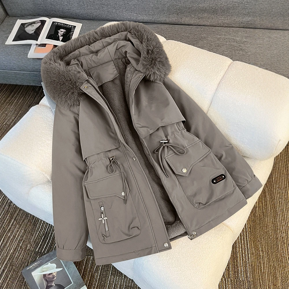 

Women's Korean Style Autumn Winter Jacket Long Sleeve Hooded Faux Collar Casual Coat with Pockets for Daily Wear