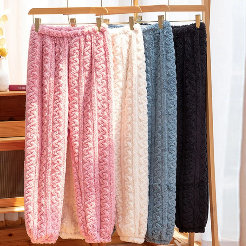 Women Sleep Bottoms Pants Solid 2025 Winter Thick Pajama Trousers Soft Warm Flannel Sleepwear Female Casual Homewear Autumn