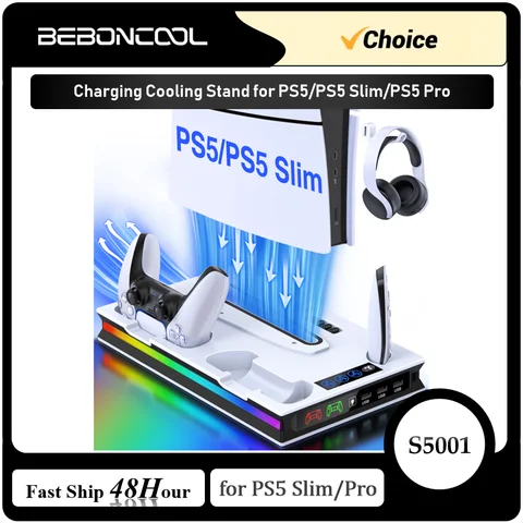 BEBONCOOL S5001 RGB Vertical Cooling Stand for PS5/PS5 Pro & PS5 Slim Dual Fast Charging Dock Station with LED