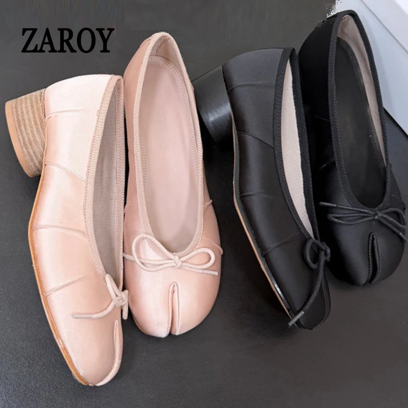 Zapatos de tacón y destalonados Tabi de mujer con punta dividida, elegantes, de satén con lazo, estilo ballet, tacón cuadrado alto, mocasines de diseñador de marca, sandalias de vestir.