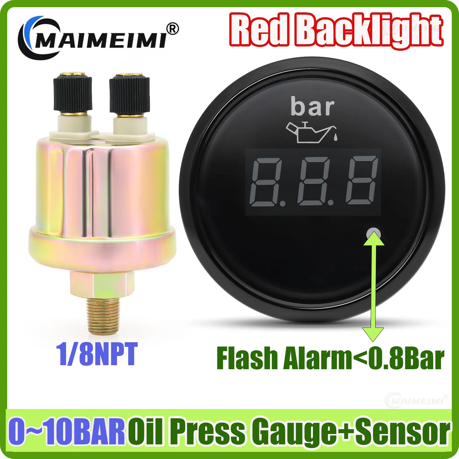 0-10BAR Digital 52MM Oil Pressure Gauge with Sensor Auto Car Boat Yacht Oil Press Meter Flashing Alarm Waterproof Red LED 9-32V
