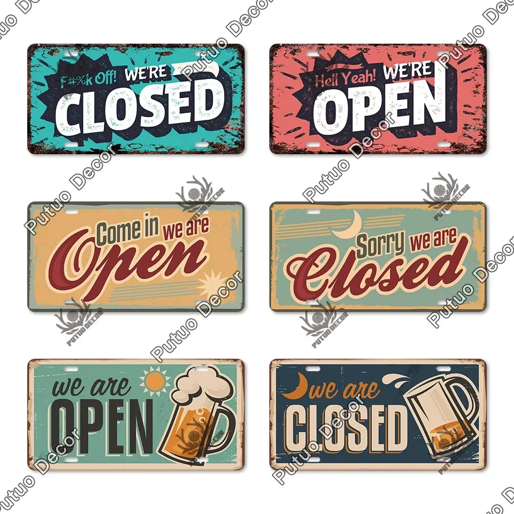 Putuo Decor OPEN & CLOSED Licenses Plate Metal Sign Plaque Metal Vintage Signs for Living Room Door Shop Restaurant Wall Decor