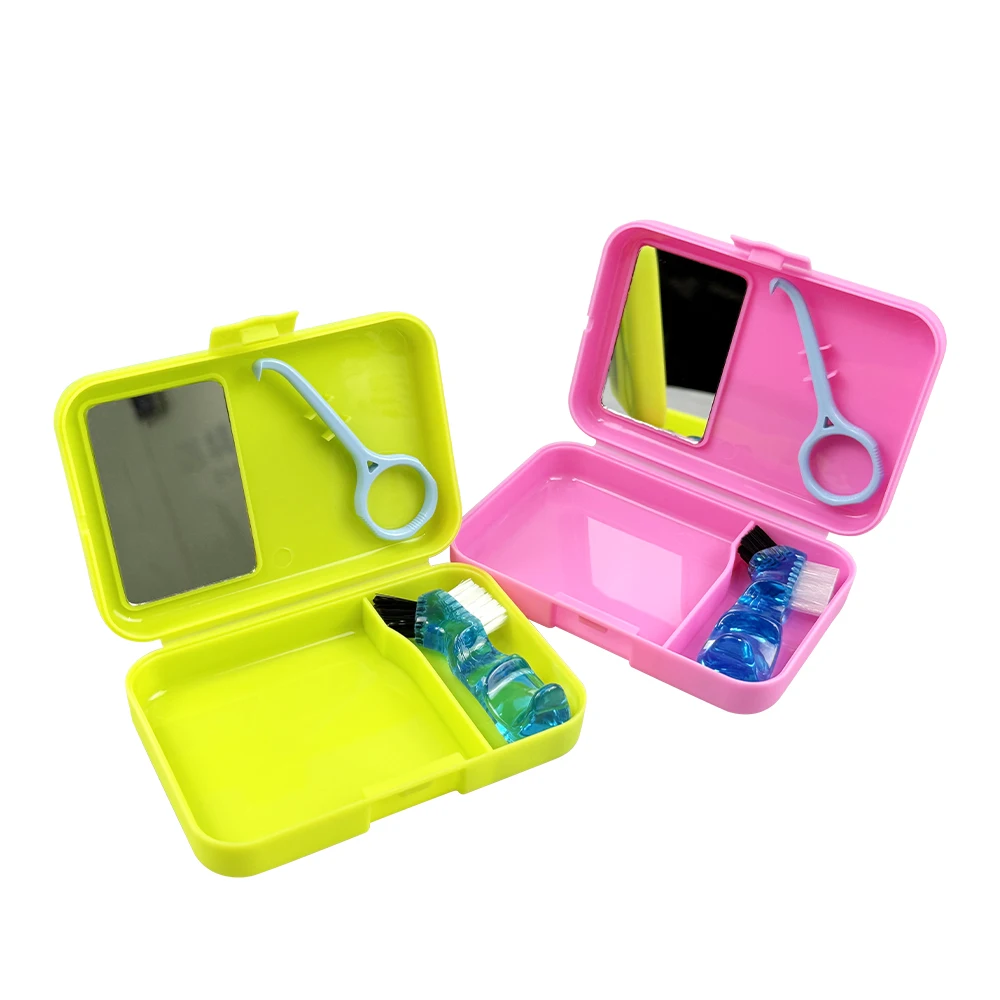 Orthodontic Retainer Box Mini Denture Brush Braces Remover With Mirror Denture Box Braces Portable Storage Box Oral Care Tools