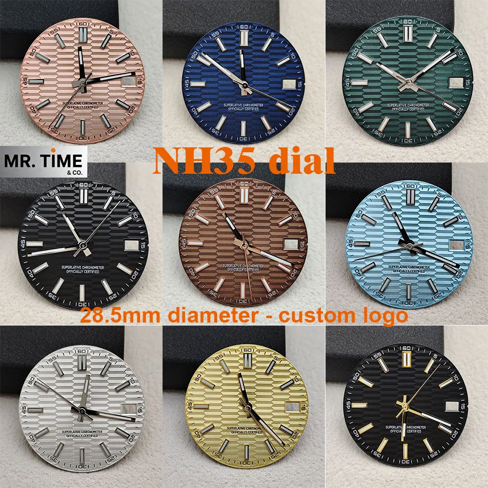 

Циферблат NH35 с горизонтальными полосками, светящийся в темноте, ледяного синего цвета, 28,5 мм, мужской циферблат для часов, с возможностью нанесения логотипа, подходит для часов с механизмом NH35.