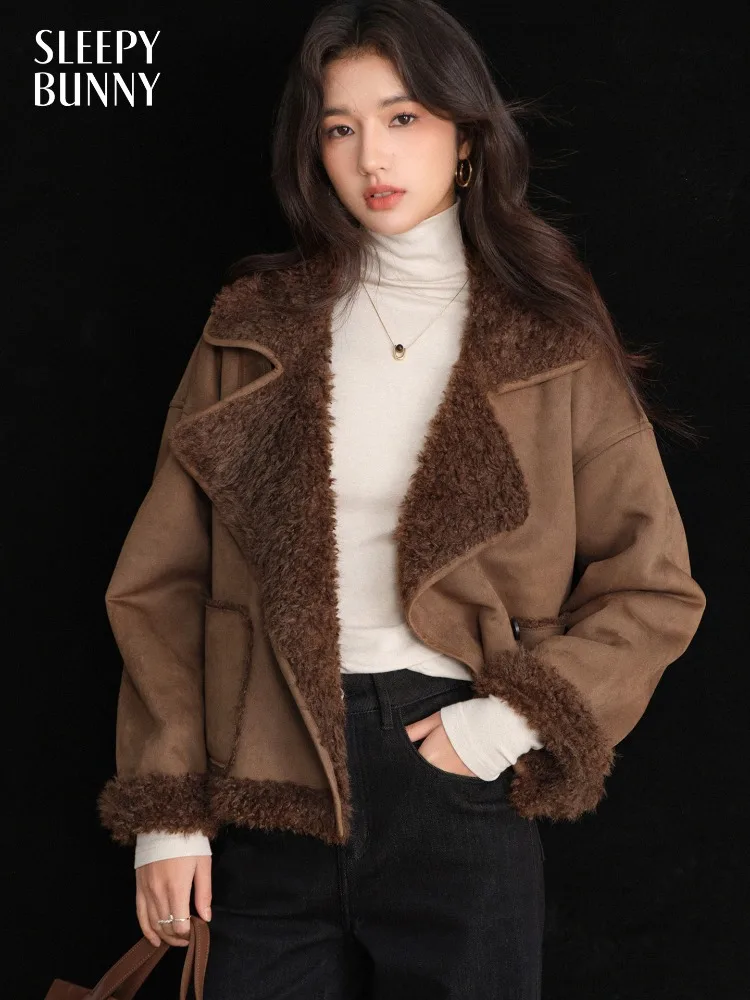 Suede-Style Curly Fleece Jacket Women Winter Loose Lapel Coat Cozy Textured Outerwear with Maillard Tone Soft Warm Casual Design