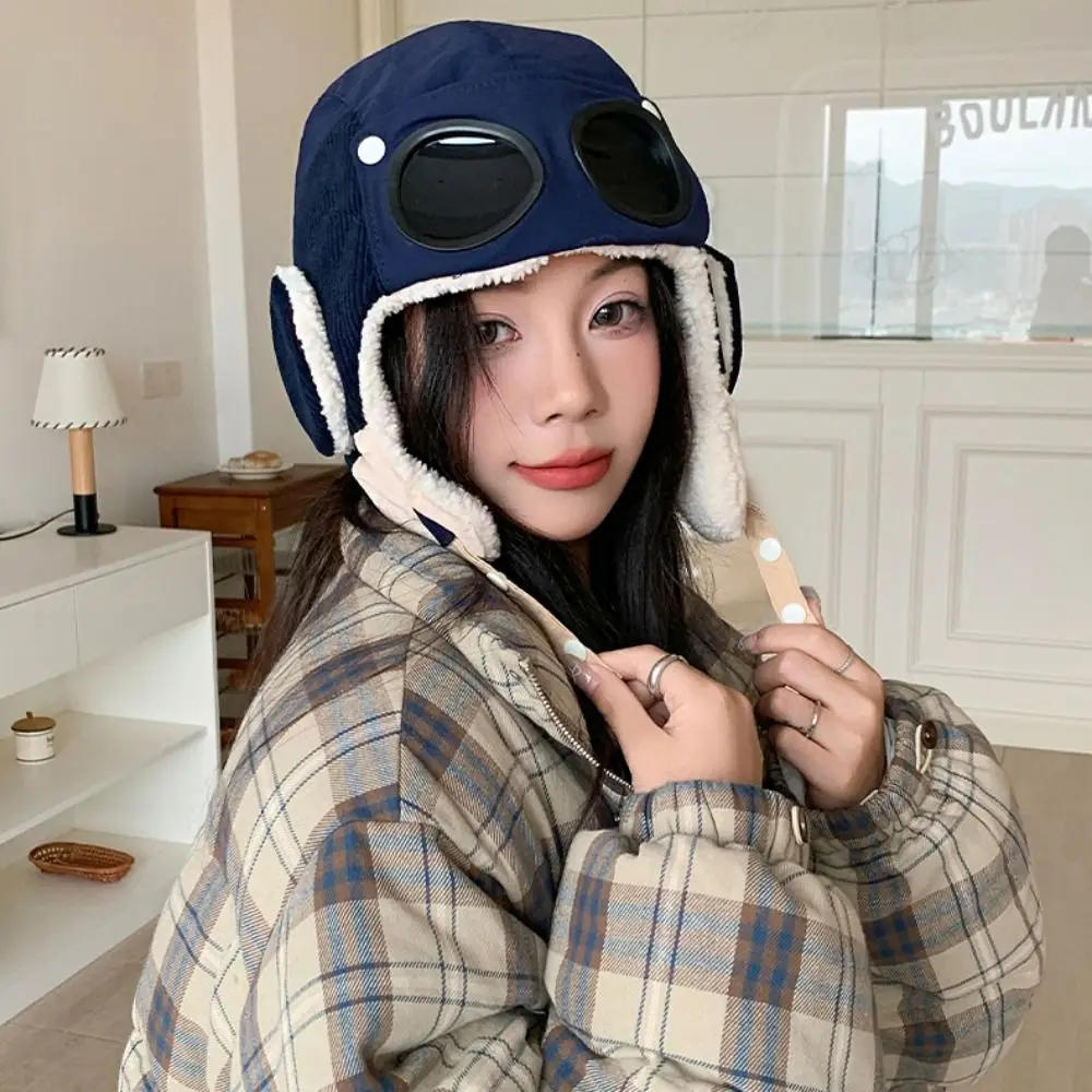 Windproof Winter Pilot Hat With Goggles Beanie Anti Fog Cycling Lei Feng Hat Warm Thickened Earflap Cap Motorcycle