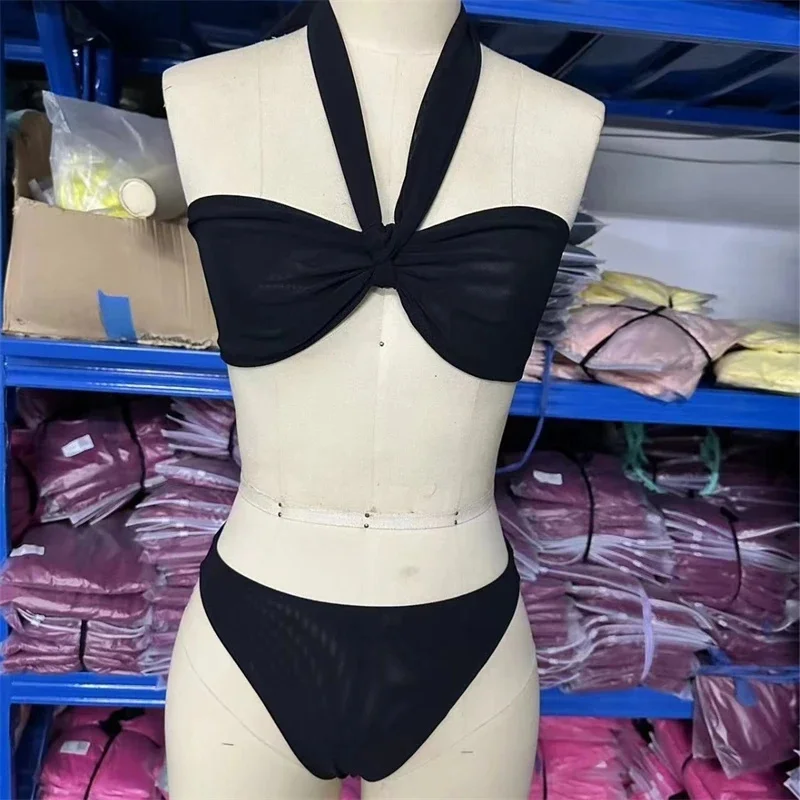 Letnie, prześwitujące, ale nieprześwitujące bikini plażowe, bikini na ramiączkach, które pozwalają na opaleniznę, modne damskie, jednokolorowe, wysoce elastyczne stroje kąpielowe.