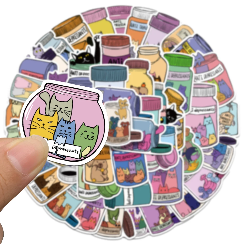 50pcs Cartoon Cute Antidepressant Cats Stickers Decals For Phone Laptop Suitcase Refrigerator Scrapbook Waterproof Stickers