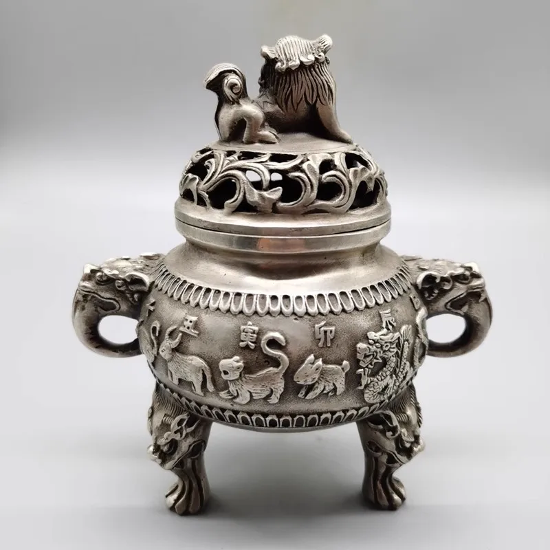 Copper Statue Wholesale Antique Crafts Gifts White Copper Twelve Chinese Zodiac Incense Burner