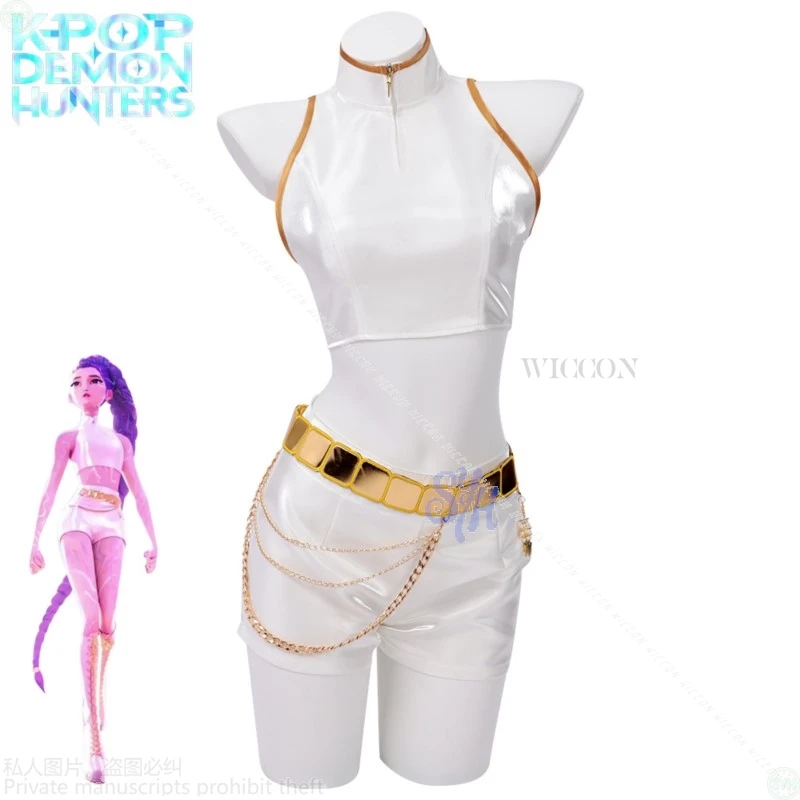 أنيمي Kpop شيطان تأثيري رومي الذهبي المرحلة المعبود كوريا موحدة الأبيض فستان قصير بلا أكمام أعلى الباروكات هالوين حفلة عيد الميلاد كوس