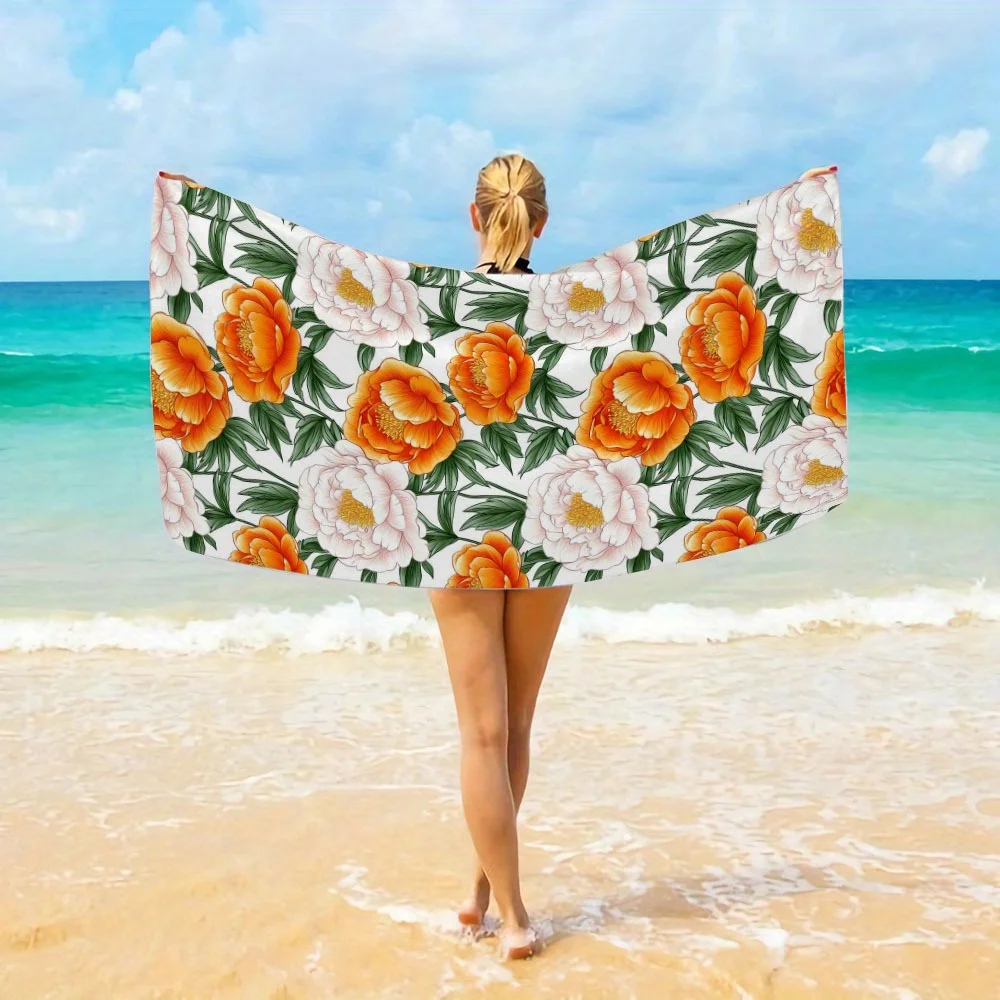 1 toalla de playa floral extra grande: ideal para la playa, la piscina, presenta flores de color naranja y blanco brillantes sobre un fondo verde