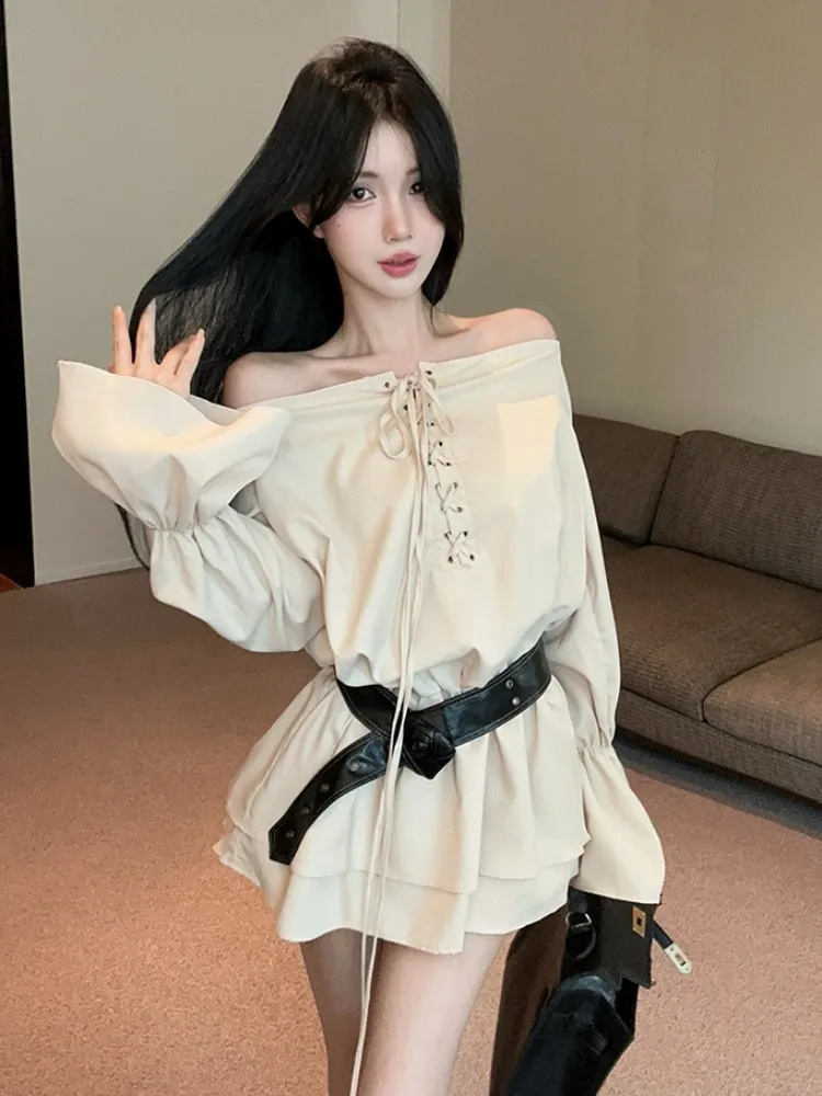 

Elegant Long Sleeve Wrap Design One Shoulder Pleated Short Dress Slimming A-Line Korean Style Commute Fashion plus Size Dress