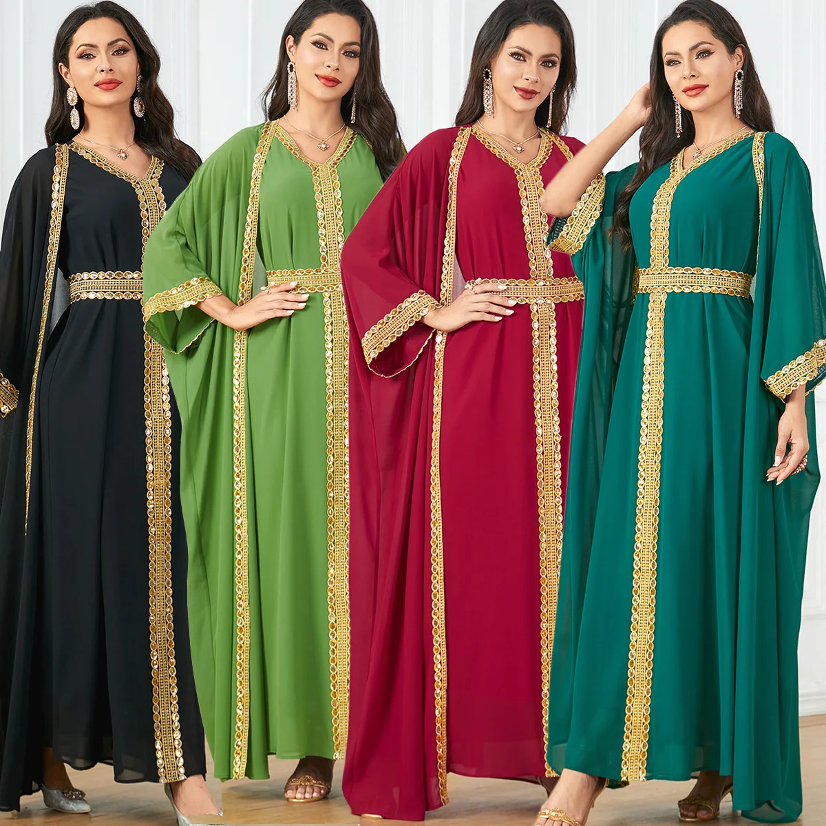 

Ramadan Arab Middle East Morocco 2024 New Muslim Luxury Fashion Chiffon Solid Color V-neck Gold Ribbon Loose 2-piece Set Dress