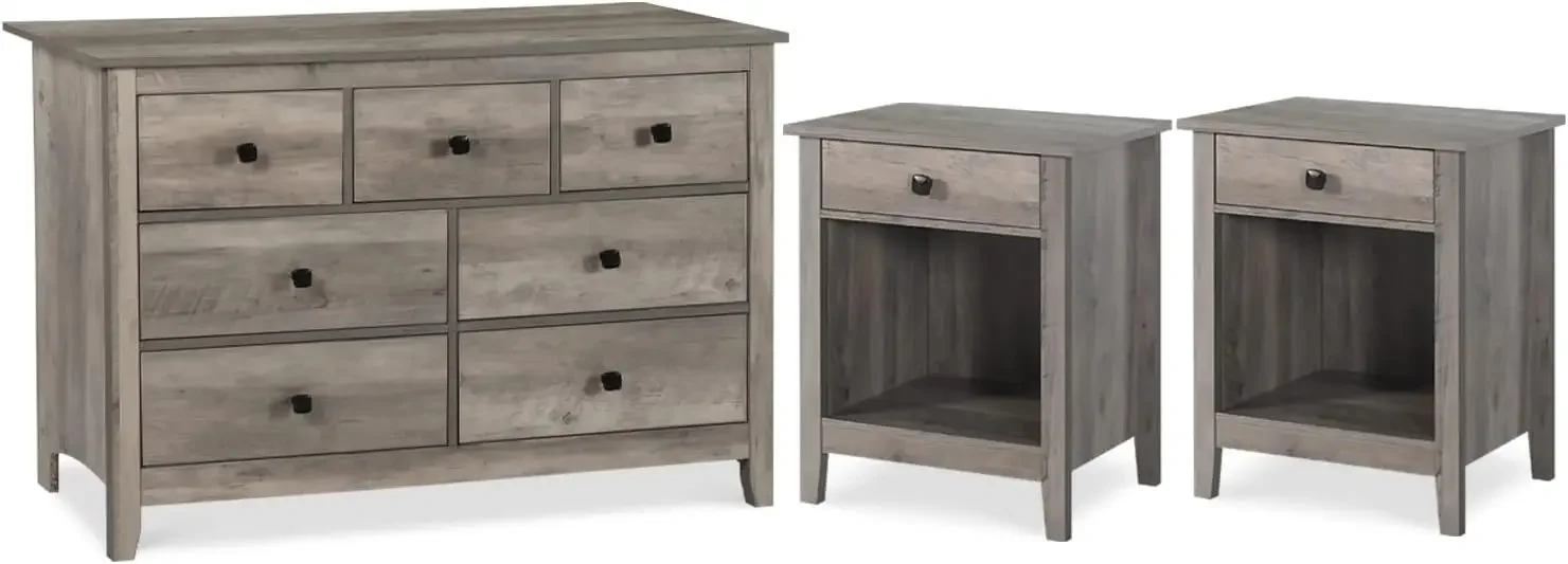 Vikiullf 3-Piece Bedroom Set - 7 Drawer Dresser and 1 Drawer Nightstands, Wood Double Dresser, Grey Wood Grain