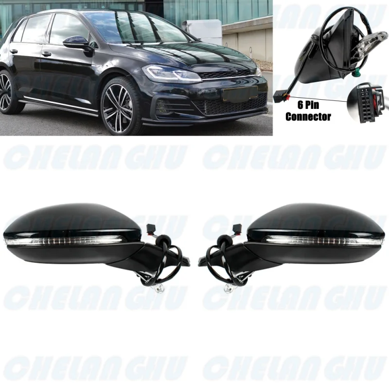 

For VW Golf 7 7.5 2013 2014 2015 2016 2017 2018 2019 2020 1 Pair 6 Pins Black painted Heated Power Fold mirror assembly