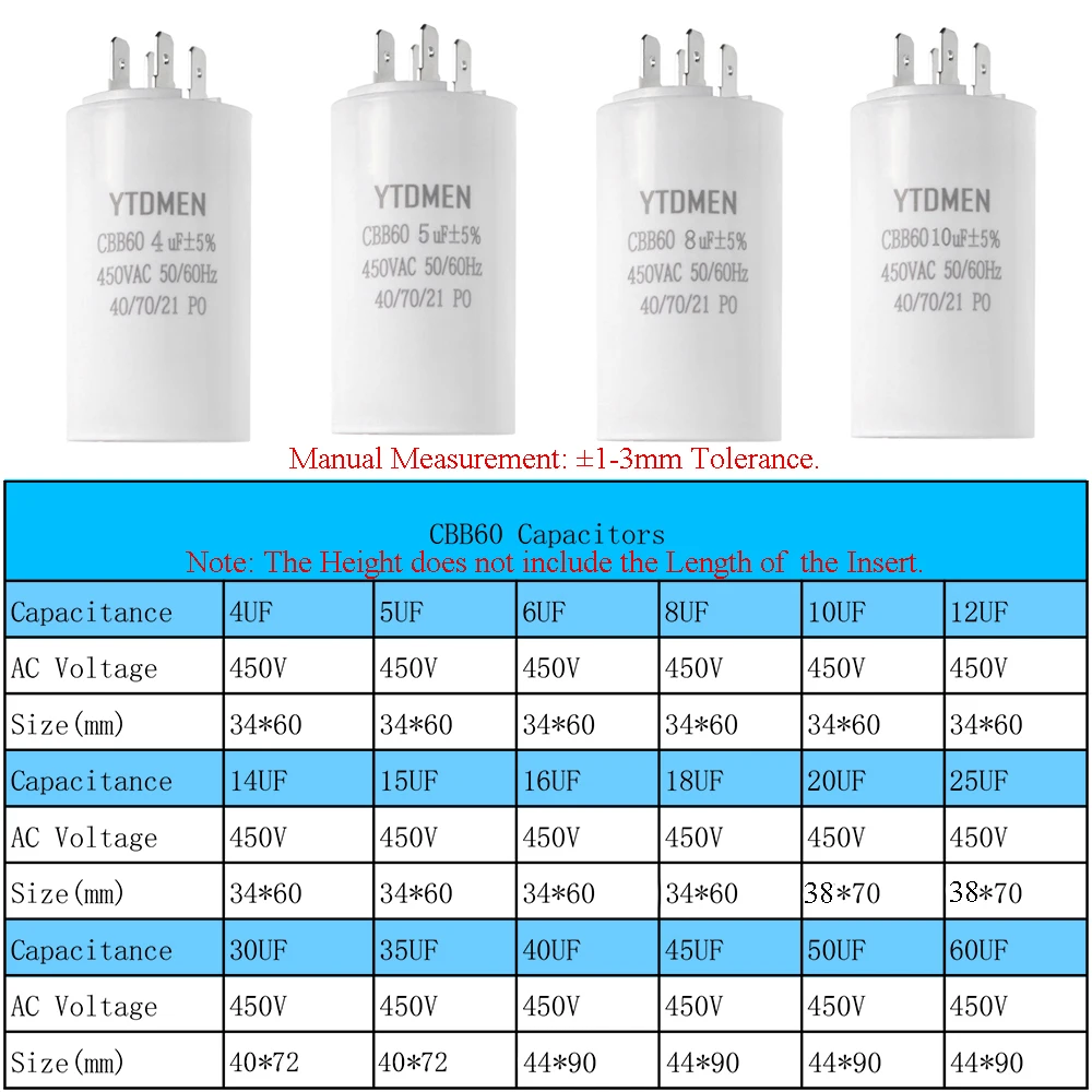 CBB60 4pin Dual Insert Motor Starting Capacitor AC 450V Replacement Motor Run Capacitors 4UF-60UF for Air Compressor Water Pump