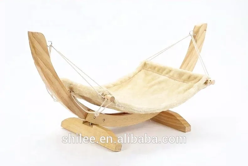 OEM Easy assembled Wooden Hammock Cat bed with plush pet hanging mat toys