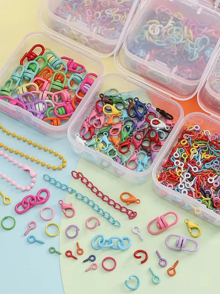 DIY-Schmuckzubehör-Set, farbige Perlen, Schlüsselanhänger, offene Biegeringe, Karabinerverschluss, Haken, kleine Schraubenaugennadeln für die DIY-Schmuckherstellung