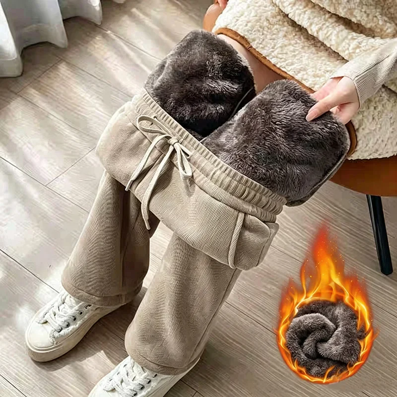 Winter Lady High Waist Thermal Plush Slacks Girls Snow Warm Velvet Casual Pants Women Ins Fashion Straight Leg Trousers
