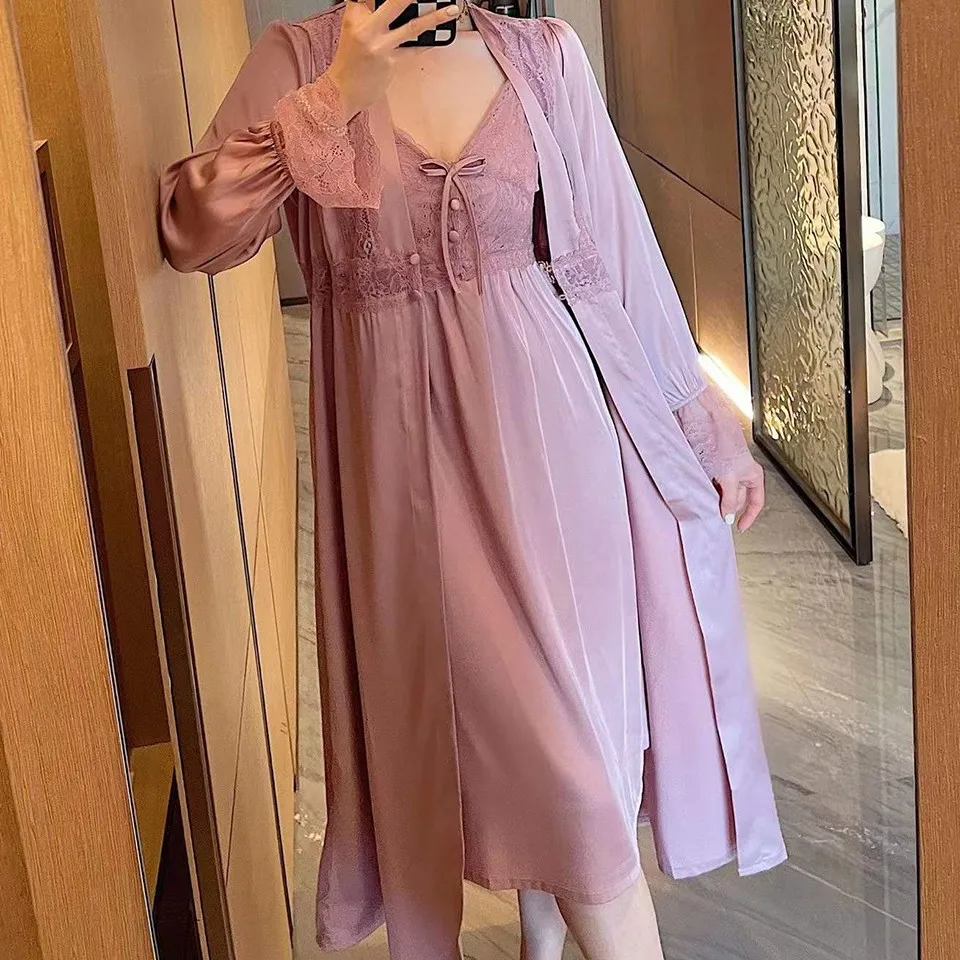 

Twinset Robe Set With Buttons Women Satin Sleepwear Bride Wedding Dressing Gown Sexy Nightgown Bridesmaid Suspender Nightdress