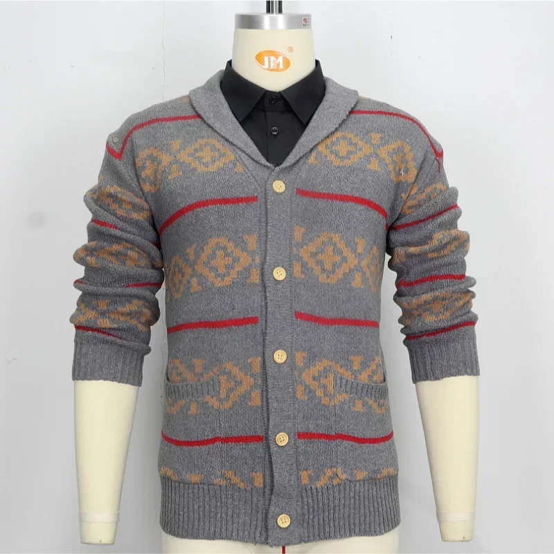 2024 New Autumn Winter Men's Europe Sweartercoat Vintage Button Sweaters Casual Knitted Cardigan Jacquard Knitwear Sweater Coat