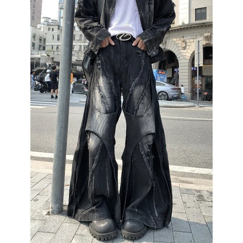 Retro Washed Men's Loose Fit Denim Jeans Hand Painted Wide Leg Pants Drawstring Casual Straight Cut Trousers Vintage Style