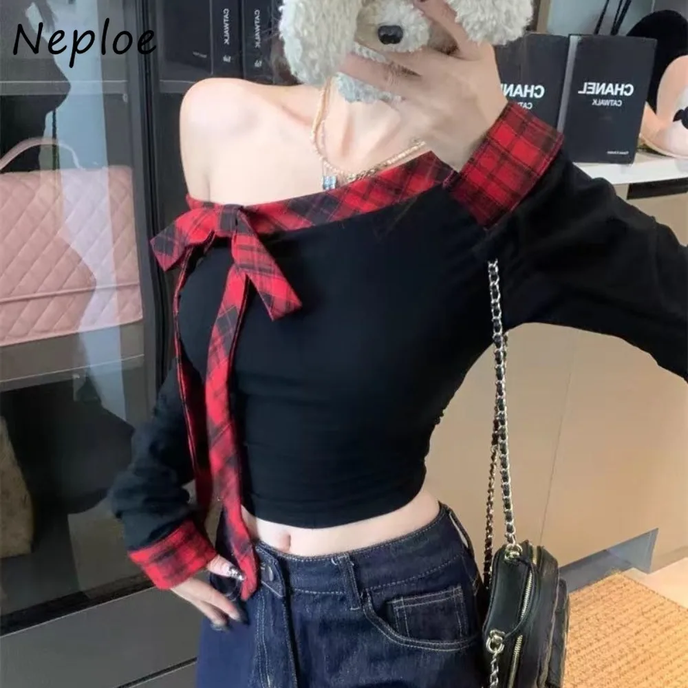 

Neploe Unique American Cruel Spice Girls Crop Streetwear High Street Hip Hip Mujer Camisetas Skew Collar Bow Patchwork T-shirt