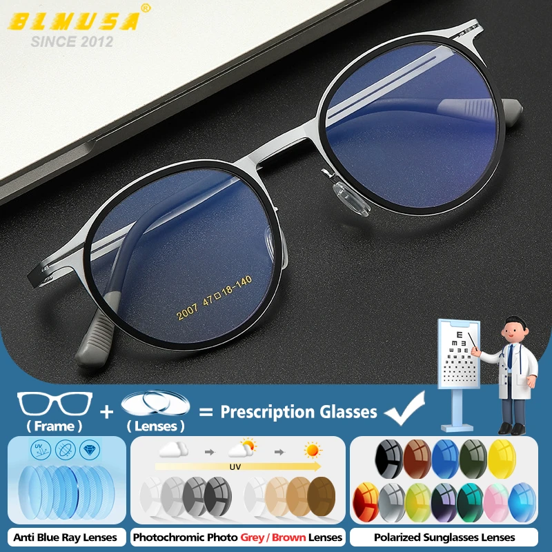 

BLMUSA Men Round Anti Blue Light Prescription Glasses High Quality Progressive Business Eyeware Photochromic Myopia Eyeglasses